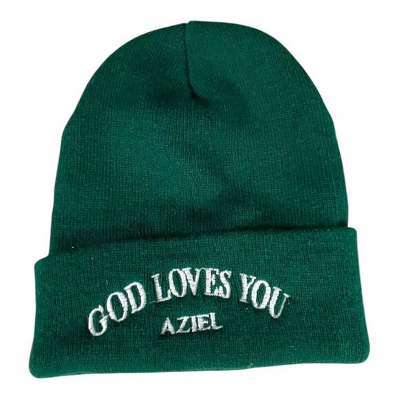 YP Classics God Loves You Aziel Beanie Hunter Green & White One Size Hat Cozy - Picture 1 of 7